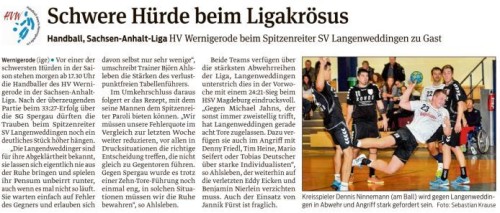 Volksstimme Vorbericht zum Spiel der 1. Mannschaft in Langenweddingen